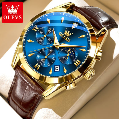 Orologio OLEVS per Uomo Classico Cronografo Pelle Marrone Cassetta Dorata Analogo Quarzo Moda Affari Abito Grande Viso Orologio da Uomo Giorno Data Luminoso Casual Maschio Orologio da Polso Regali Romantici Relojes De Hombre Blu/Nero/Bianco/Marrone Dial