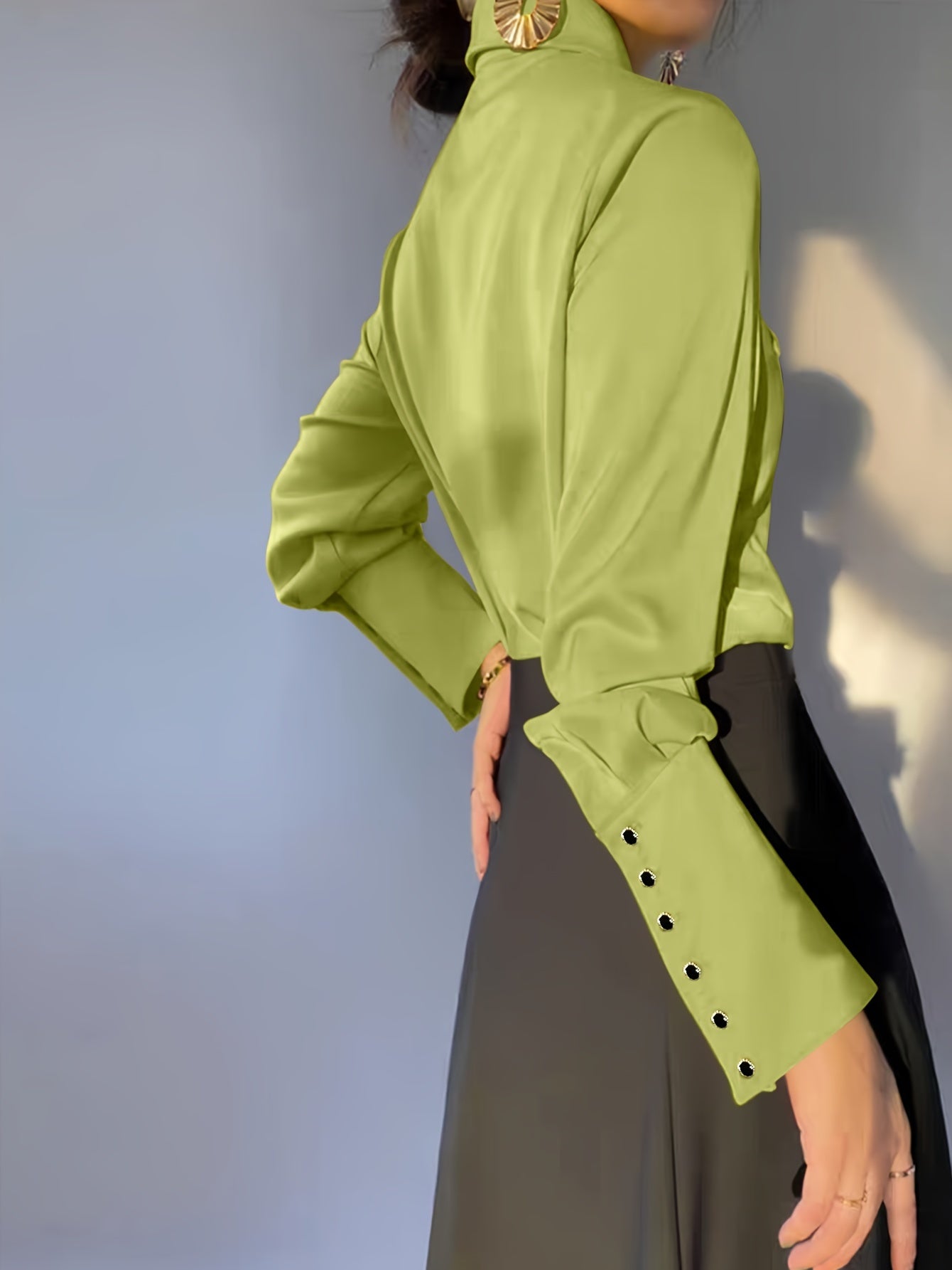 Maglia Casual Donna a Maniche Lunghe con Collo a Revers Tinta Unita