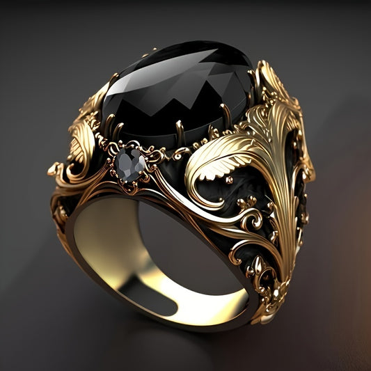 1pz Anello Vintage Stile Maschile, Inserimento in Zirconia Sintetica Ovala Nera, Lavorato in Rame, Finitura Dorata Retro, Elegante Anello Singolo Gioiello Regalo