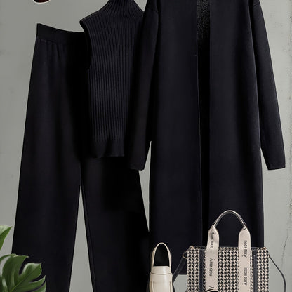 Set Invernale da Donna 3 Pezzi - Elegante Tuta Ispirata al Stile Coreano con Blazer a Collo, Pantaloni a Gamba Larga e Giacca | Lavabile a Mano per Ufficio e Semi-Formale, Beige/Marrone/Blu Navy/Taupe (Non Lavare a Secco)