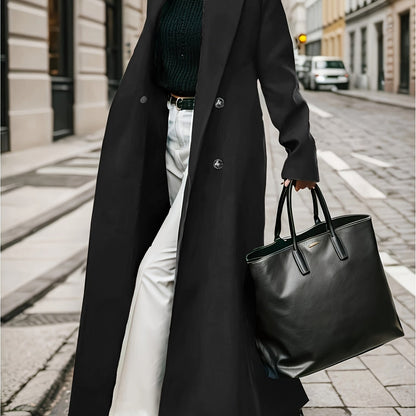 Women's Elegant Green Coat - Long Formal & Professional Outerwear, Machine Washable Winter Trench with Structured H-Silhouette for Office, Parties, Everyday - Sophisticated Outerwear, Office Ready Apparel, Smooth Texture, Durable Fabric, Office Wear, High