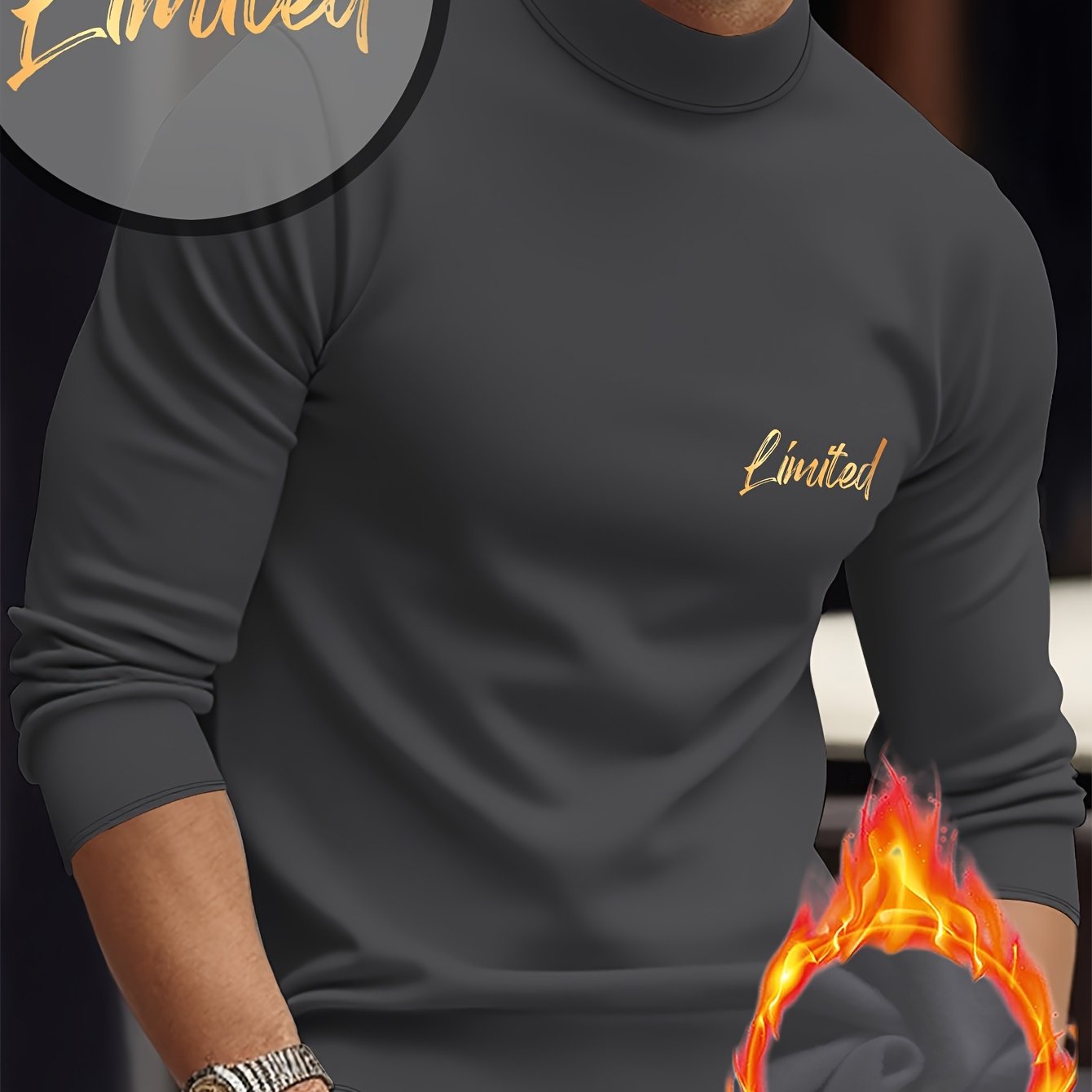 Maglietta termica a maniche lunghe e girocollo per uomo - Stampa geometrica, elastica e calda, design sportivo casual per l'autunno/inverno, bianca con lettere dorate, perfetta per sovrapporre o come outfit standalone, abbigliamento invernale | Maniche lu