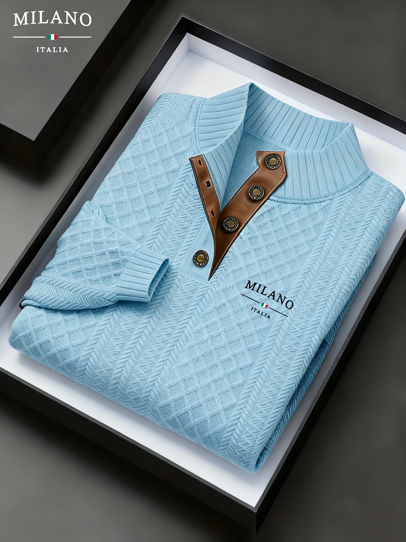 Maglione da uomo pesante in maglia 280g/m² - Blu navy e marrone, colletto con risvolto e bottoni, maglione invernale a maniche lunghe per clima freddo, ufficio, outfit casual - Regalo ideale per uomo, maglione, abbigliamento da ufficio, maglieria texturiz