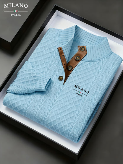 Maglione da uomo pesante in maglia 280g/m² - Blu navy e marrone, colletto con risvolto e bottoni, maglione invernale a maniche lunghe per clima freddo, ufficio, outfit casual - Regalo ideale per uomo, maglione, abbigliamento da ufficio, maglieria texturiz