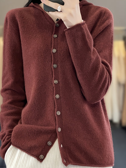Maglione con cappuccio casual da donna in 100% lana, cardigan lavorato a maglia in lana merino tinta unita, manica lunga, vestibilità regolare, design aperto sul davanti, scelta elegante e calda per l'autunno/inverno, ultra morbido