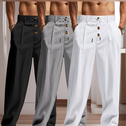 3pcs Pantaloni Casual in Lino Leggeri da Uomo - Vestibilità Rilassata Traspirante con Vita Elastica e Chiusura a Bottone, Tessuto Non Elasticizzato per Abbigliamento da Spiaggia Esterno, Comfort Tutte le Stagioni (Beige/Verde/Azzurro), Pantaloni da Spiagg