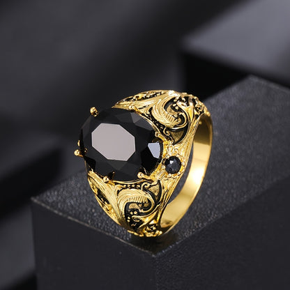 1pz Anello Vintage Stile Maschile, Inserimento in Zirconia Sintetica Ovala Nera, Lavorato in Rame, Finitura Dorata Retro, Elegante Anello Singolo Gioiello Regalo