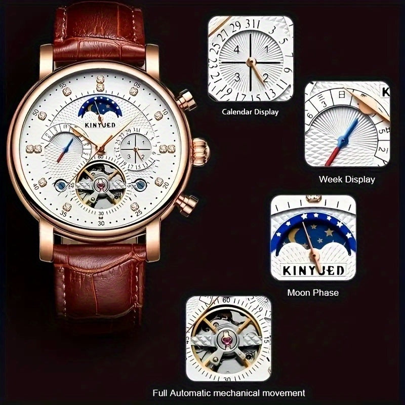 Orologio meccanico automatico da uomo KINYUED con luna e stelle, orologio da polso multifunzione, perfetto per regali festivi, senza batteria