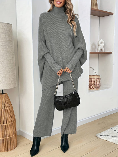 2 Pezzi Maglione Elegante con Maniche a Pipistrello - Completo Oversize con Collo Alto e Orlo Asimmetrico, Tunica Grigia Tinta Unita (Senza Abbinamento di Fantasie) | Outfit Invernali a Strati, Chic da Ufficio a Festa, Lavaggio a Mano/Lavaggio a Secco