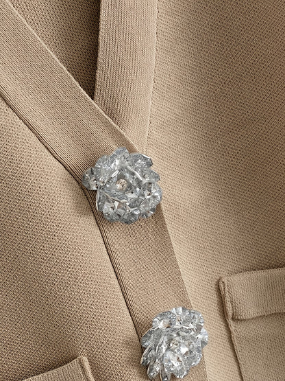 Pullover con bottoni a diamante d'argento - Cardigan a maniche lunghe - Pantaloni a gamba larga - Set di due pezzi - Set elegante per donne - Top con bottoni nascosti, pullover a maniche lunghe, top invernali morbidi e caldi per donne - Moda sottile - Abi