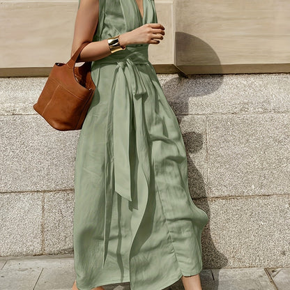 Solid Color Spring And Summer Linen Blend Sleeveless Dress with Pockets, Belt, And an Elegant French Style, Perfect for Vacations.