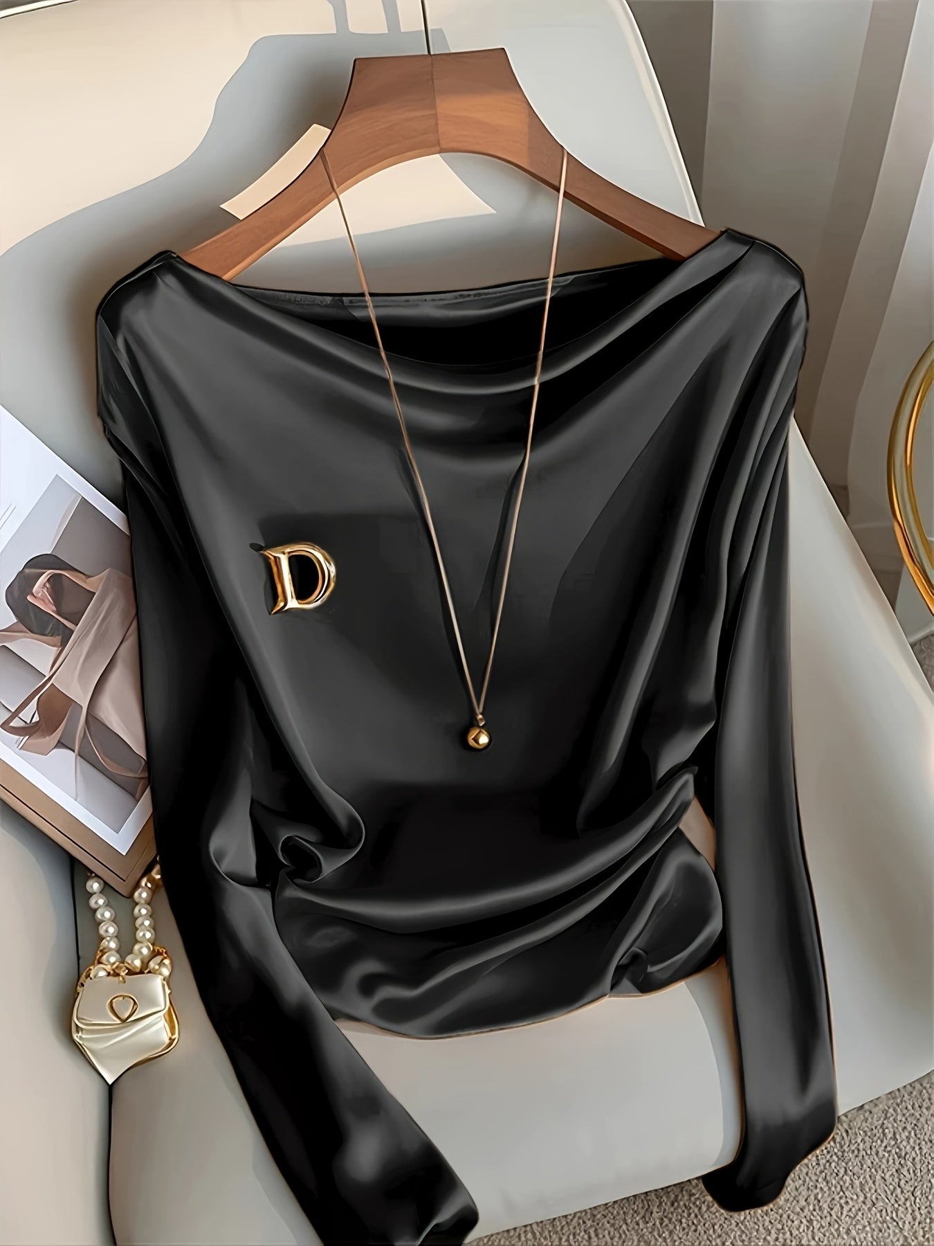 Maglietta elegante a maniche lunghe da donna - Colore solido, vestibilità slim, scollo a giro, poliestere, perfetta per feste, appuntamenti e lavoro, top elegante per tutti i giorni|Top a maniche lunghe e sottili|Tessuto in poliestere