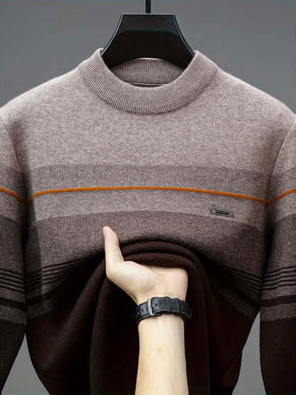 Maglione a maniche lunghe da uomo in maglia - Morbido pullover elasticizzato con strisce marroni/orizzontali, maglione invernale a girocollo per outfit di tutti i giorni e formali, regalo ideale per la festa del papà, marito, fidanzato - Abbigliamento aut