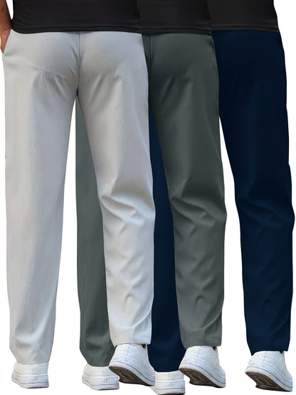 Set di 3 Pantaloni Casual da Uomo Leggeri - Gamba Dritta, Vita con Coulisse, Colore Unito (Nero, Grigio, Bianco), Abbigliamento da Lavoro Primavera/Estate, Lavabili in Lavatrice