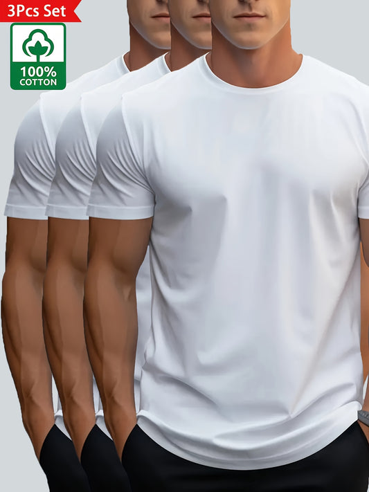 3 Pezzi POASOD Magliette Uomo in Cotone 100% Pesante - Colori Uniti, Asciugatura Rapida, Collo Tondo Maniche Corte, Minimalista Casual e Pigiama Estivo, Maglie Traspiranti per Tutti i Giorni (Bianco/Nero/Blu Navy) - Lavabile in Lavatrice Confezione Multip