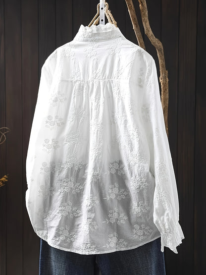 Women's Loose Embroidered Blouse with Floral Embroidery & Lace Trim - Stand-Up Collar Long Sleeve Button Front Shirt, Machine Washable All-Season Top for Casual & Office Wear