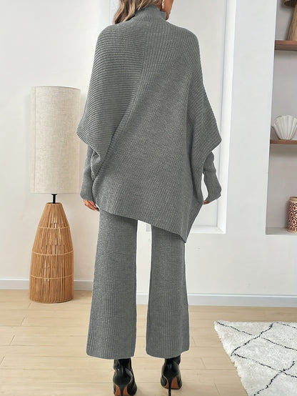 2 Pezzi Maglione Elegante con Maniche a Pipistrello - Completo Oversize con Collo Alto e Orlo Asimmetrico, Tunica Grigia Tinta Unita (Senza Abbinamento di Fantasie) | Outfit Invernali a Strati, Chic da Ufficio a Festa, Lavaggio a Mano/Lavaggio a Secco