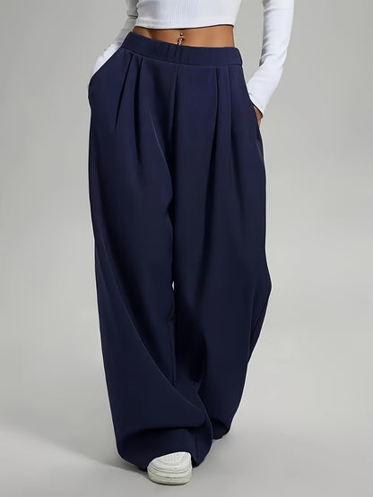 2 pezzi Pantaloni da donna eleganti a gamba larga tinta unita - Pantaloni ampi per tutte le stagioni con tasche, tinta unita e blu navy, abbigliamento casual e formale per tutte le stagioni