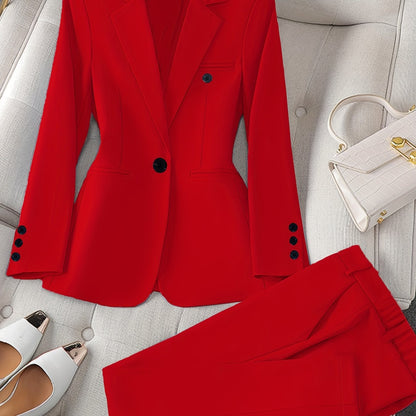 Women'S Casual Two-Piece Set, Stylish Business Solid Color Long Sleeve Suit Jacket and Pants Set, Polyester, Lapel Collar, Regular Fit, All Season, with Optional Handbag and Earrings, for Fashionable Workwear, Business Attire|Sleek Formal Attire|Polyester