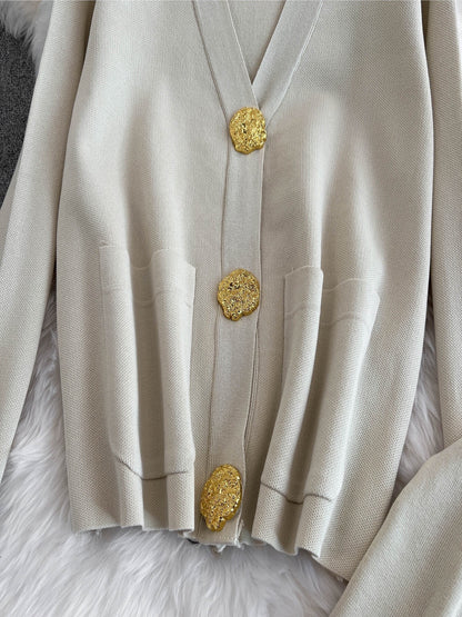 Set di cardigan e pantaloni in maglia elegante a due pezzi, cardigan con bottoni a maniche lunghe e scollo a V, pantaloni a gamba dritta, abbigliamento da donna