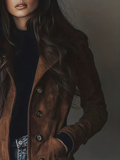 Women's Elegant Vintage Brown -Effect Coat - Classic Lapel Collar & Single-Button Closure, H-Line Silhouette, Machine Washable Winter Jacket for Office, Formal & Casual Attire - Durable All-Season Outerwear with Retro Style & Structured Fit - Timeless Wom