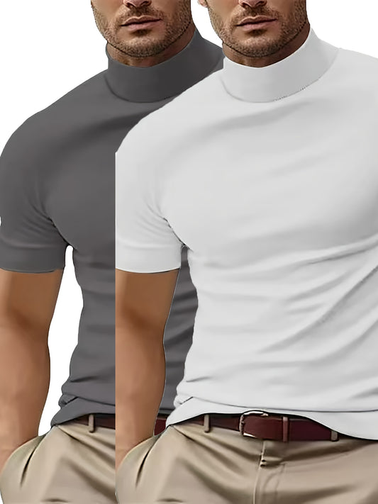2 magli a maniche corte da uomo a tinta unita con scollo a colletto turtleneck - taglio svasato, tessuto elastico, casual, per l'estate, nero e grigio