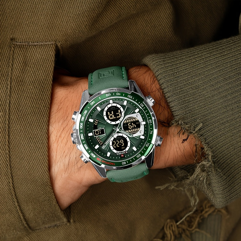 Orologio Sportivo di Lusso da Uomo NAVIFORCE al Quarzo - Impermeabile, Cinturino in Vera Pelle, Doppia Esposizione con Funzioni Data e Cronografo, Cassa in Acciaio Inossidabile, Accenti Verdi, Orologio di Lusso|Dotato di Tacimetro|Cinturino in Vera Pelle
