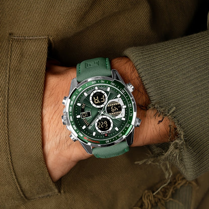 Orologio Sportivo di Lusso da Uomo NAVIFORCE al Quarzo - Impermeabile, Cinturino in Vera Pelle, Doppia Esposizione con Funzioni Data e Cronografo, Cassa in Acciaio Inossidabile, Accenti Verdi, Orologio di Lusso|Dotato di Tacimetro|Cinturino in Vera Pelle