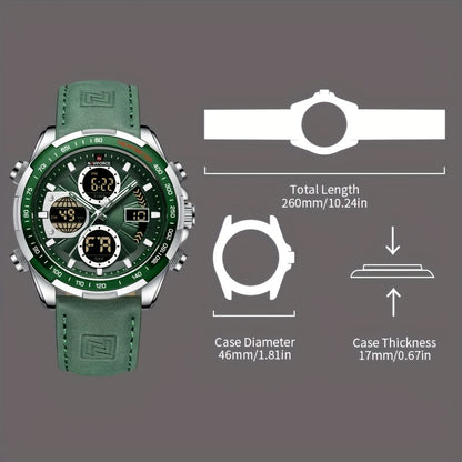Orologio Sportivo di Lusso da Uomo NAVIFORCE al Quarzo - Impermeabile, Cinturino in Vera Pelle, Doppia Esposizione con Funzioni Data e Cronografo, Cassa in Acciaio Inossidabile, Accenti Verdi, Orologio di Lusso|Dotato di Tacimetro|Cinturino in Vera Pelle