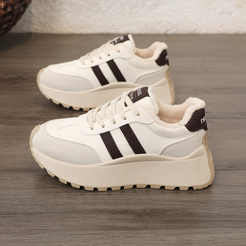 Scarpe da ginnastica invernali da donna con fodera in pile - Scarpe basse con lacci in pelle sintetica con design ricamato e suola spessa e morbida, ideali per un look casual e sportivo, scarpe da ginnastica invernali | Scarpe invernali alla moda | Suola