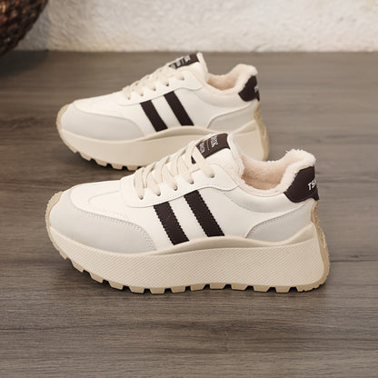 Scarpe da ginnastica invernali da donna con fodera in pile - Scarpe basse con lacci in pelle sintetica con design ricamato e suola spessa e morbida, ideali per un look casual e sportivo, scarpe da ginnastica invernali | Scarpe invernali alla moda | Suola