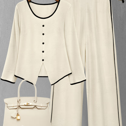 Set di pantaloni alla moda per donna, composto da top a maniche lunghe color block e pants casuali: un set elegante