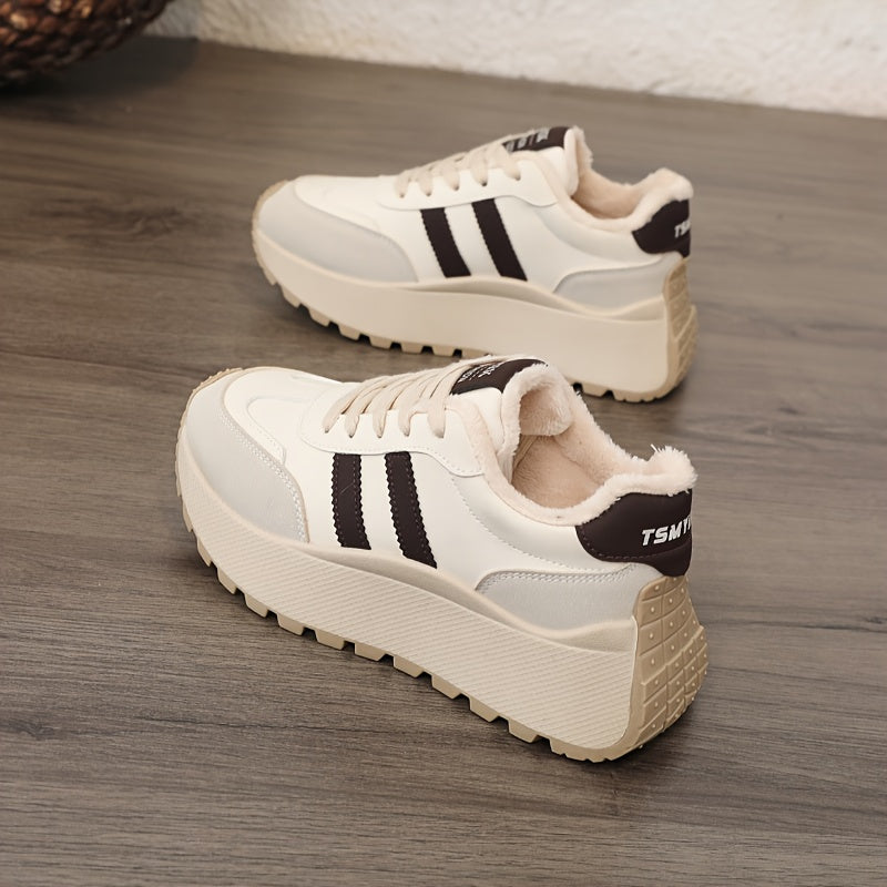 Scarpe da ginnastica invernali da donna con fodera in pile - Scarpe basse con lacci in pelle sintetica con design ricamato e suola spessa e morbida, ideali per un look casual e sportivo, scarpe da ginnastica invernali | Scarpe invernali alla moda | Suola