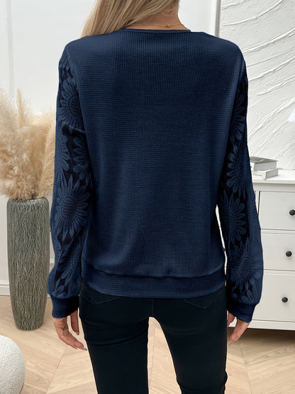 T-shirt da donna elegante con scollo a V e bordo in pizzo a contrasto - Tinta unita, maniche lunghe, vestibilità regular, collezione primavera/autunno, stile casual, abbigliamento casual, abbigliamento per tutti i giorni, |T-shirt con scollo a V| bordo in