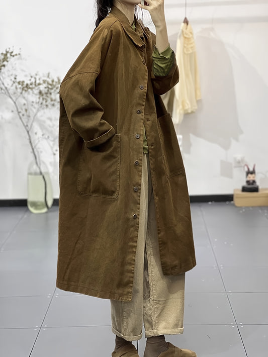 Trench Coat da Donna Vintage Color Kaki - Cappotto Corto Casual e Ampio con Tasche, Abbottonatura Frontale e Tasche con Patta, Perfetto per Primavera & Autunno, Capispalla Casual | Cappotto Stile Vintage | Cappotto con Abbottonatura Frontale
