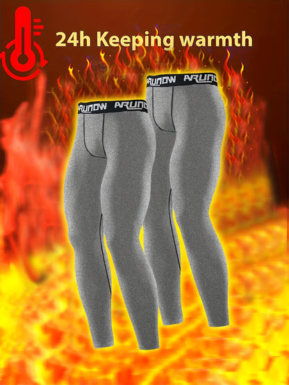 2 pezzi di leggings in pile per uomo, vita alta e elastica, pantaloni stretti, vestibilità slim per uomo, pantaloni lunghi caldi, pantaloni autunnali