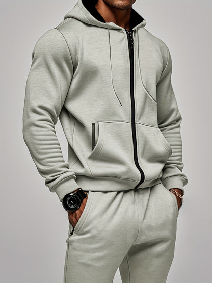 Set di 2 pezzi da uomo con felpa con cappuccio a tinta unita a maniche lunghe + pantaloni, set casual sportivo da fitness coordinato