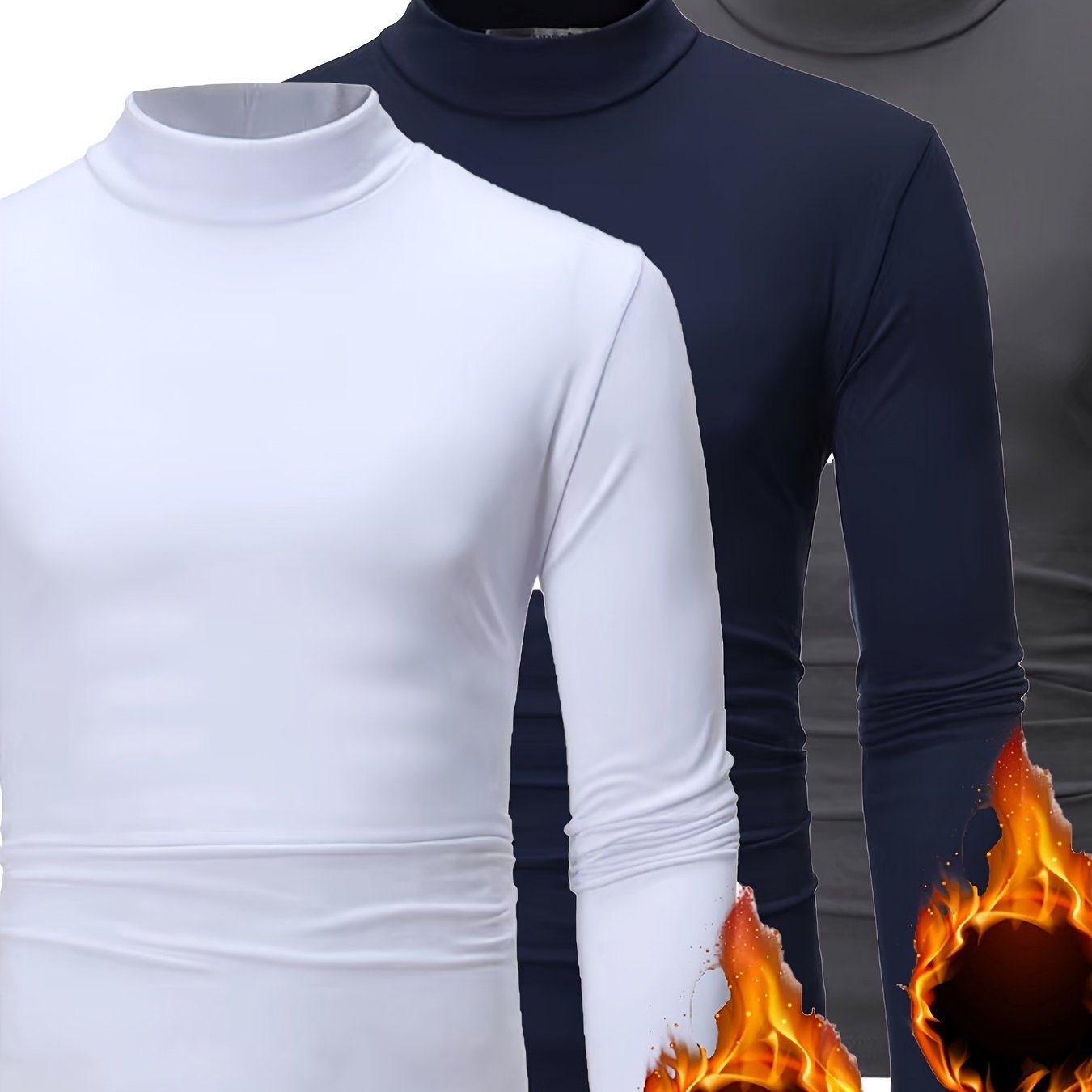 3pcs Camicie a maniche lunghe con collo alto in pile termica per uomo - Slim Fit Stand Collar Base Layer, Top casual invernali a tinta unita per strati, Bianco/Nero/Azzurro marino, Essenziali per il tempo freddo, Collo alto elegante, Camicia comoda