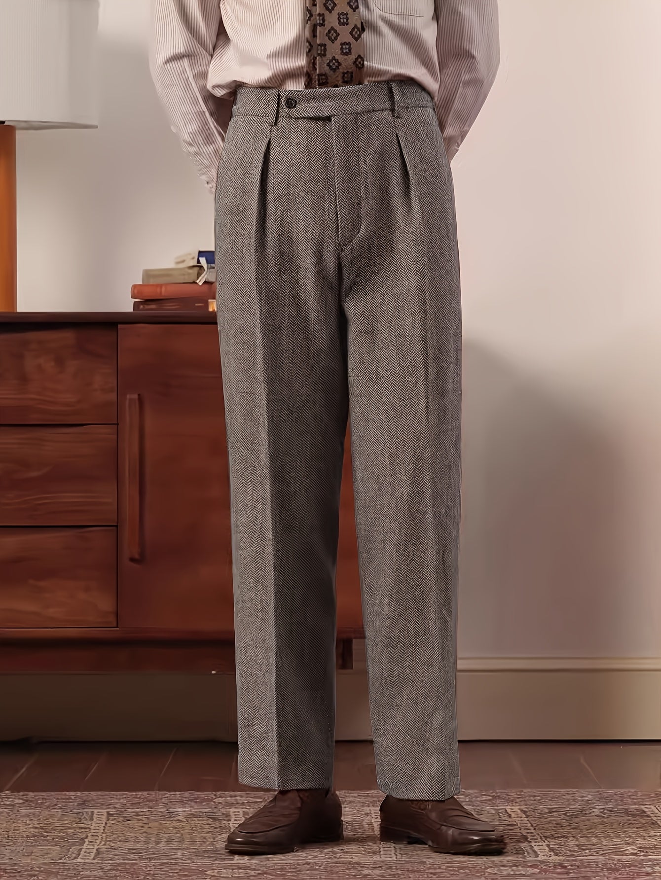 Pantaloni da uomo eleganti in tweed italiano - Pantaloni a gamba dritta a vita alta con chiusura a bottoni, tessuto non elasticizzato per ufficio ed eventi formali - Abbigliamento business autunno/inverno, evento formale, design classico, costruzione resi