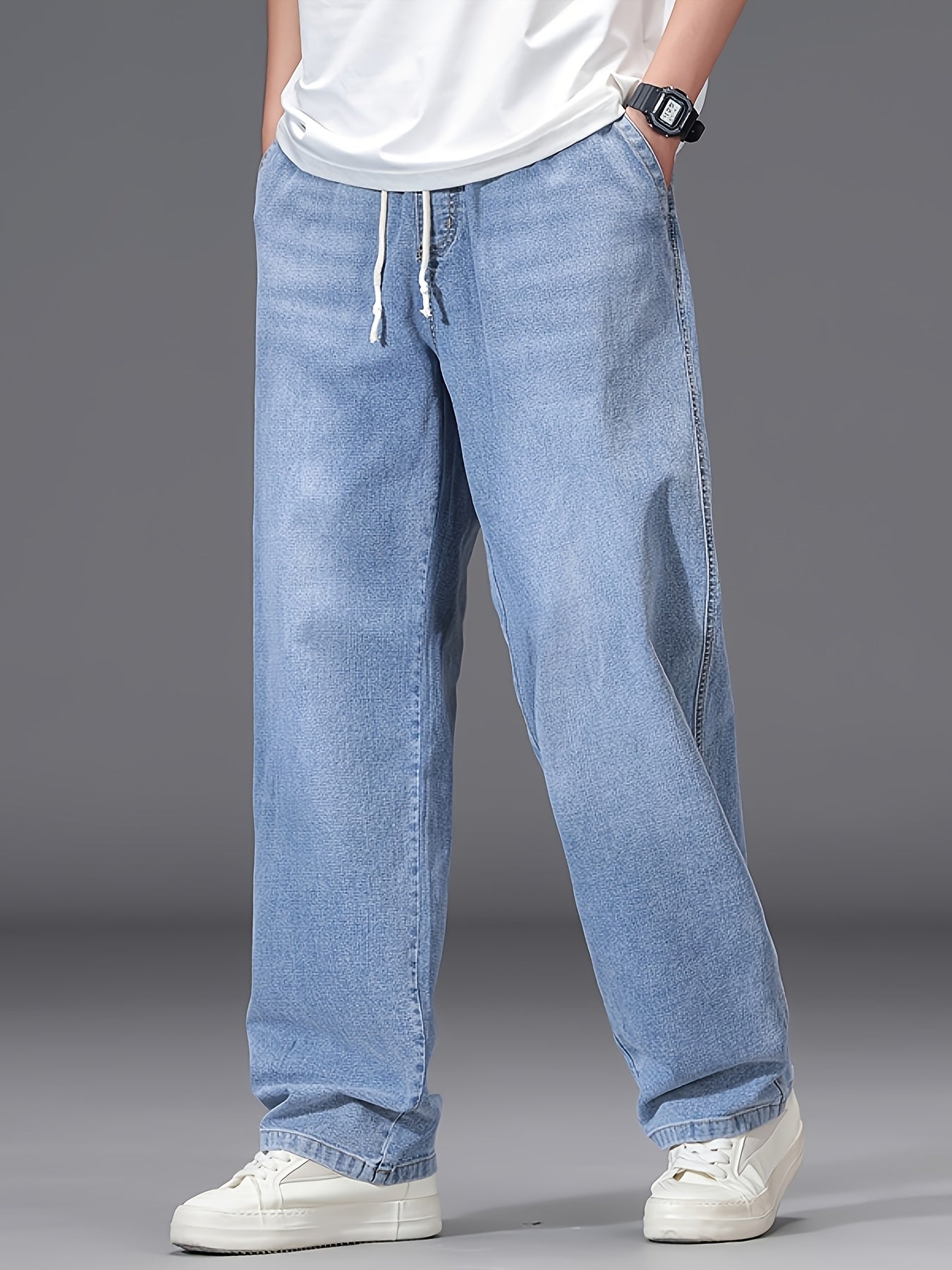 Linea - Jeans azzurri leggeri da uomo, taglia grande, con vita elastica, stile casual, comodi