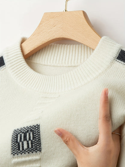 Maglione da uomo con scollo a giro e strisce laterali - Spesso, con maniche lunghe per l'autunno/inverno, strato casual per riunioni all'aperto e abbigliamento quotidiano, abbigliamento invernale | Maglione con strisce laterali | Tessuto lavorato a maglia