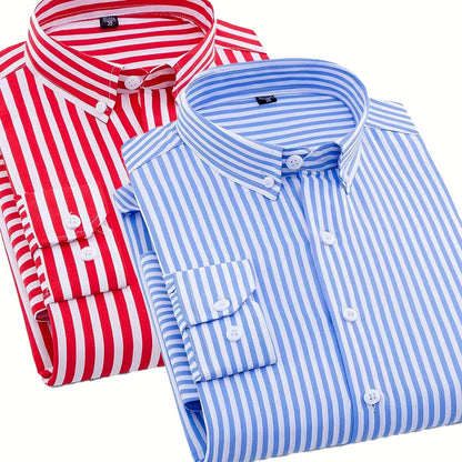 1+1pz Camicia Uomo a Righe con Maniche Lunghe - Colletto Casual, Tessuto Leggero, Ideale per Vacanze al Mare, Appuntamenti e Regali, Top Classico a Righe