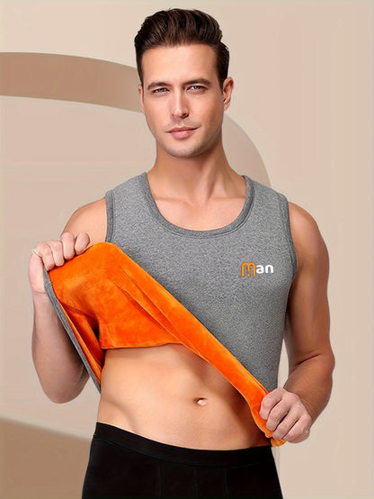 1pz Top da uomo termico foderato in fleece, stampa "MAN", gilet caldo autunno/inverno, impermeabile, poliestere 95% elastano 5%, tessuto a maglia, medio stretch, strato base atletico, spesso
