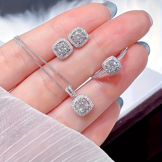 3pezzo Set di gioielli in argento placcato 925 con moissanite elegante per donne - Stile minimalista lussuoso con anello aperto, orecchini a clip, collana, perfetto per l'uso quotidiano e come regalo
