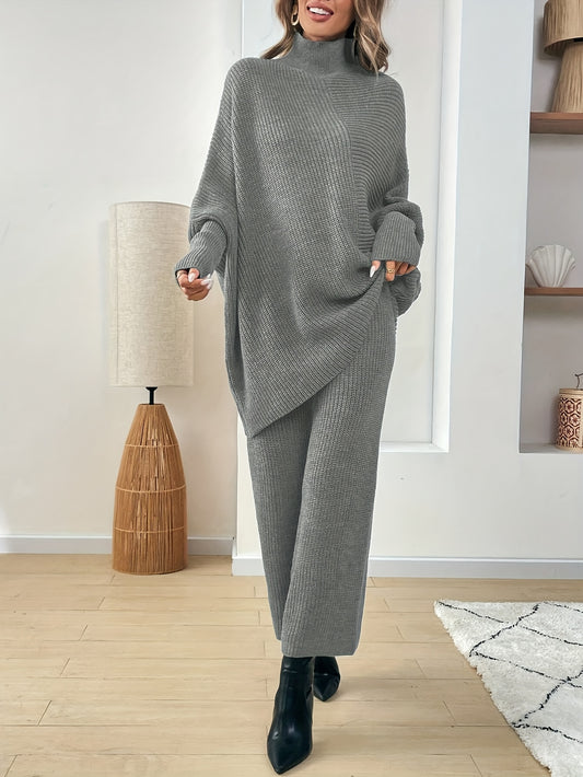 2 Pezzi Maglione Elegante con Maniche a Pipistrello - Completo Oversize con Collo Alto e Orlo Asimmetrico, Tunica Grigia Tinta Unita (Senza Abbinamento di Fantasie) | Outfit Invernali a Strati, Chic da Ufficio a Festa, Lavaggio a Mano/Lavaggio a Secco