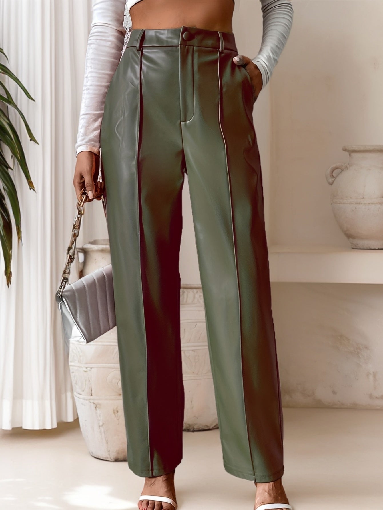 Pantaloni a gamba dritta in pelle sintetica da donna con cucitura a cerniera, pantaloni lunghi casual con cuciture decorative sul davanti e sul lato, perfetti per l'autunno/inverno