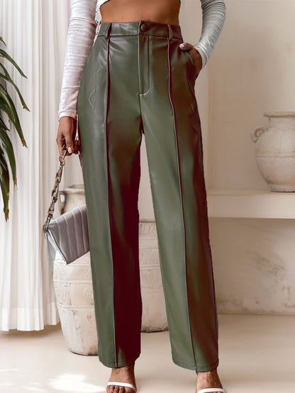 Pantaloni a gamba dritta in pelle sintetica da donna con cucitura a cerniera, pantaloni lunghi casual con cuciture decorative sul davanti e sul lato, perfetti per l'autunno/inverno