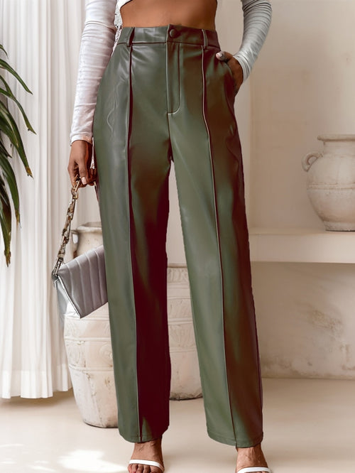 Pantaloni a gamba dritta in pelle sintetica da donna con cucitura a cerniera, pantaloni lunghi casual con cuciture decorative sul davanti e sul lato, perfetti per l'autunno/inverno