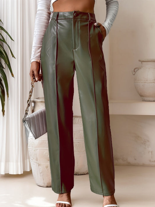 Pantaloni a gamba dritta in pelle sintetica da donna con cucitura a cerniera, pantaloni lunghi casual con cuciture decorative sul davanti e sul lato, perfetti per l'autunno/inverno