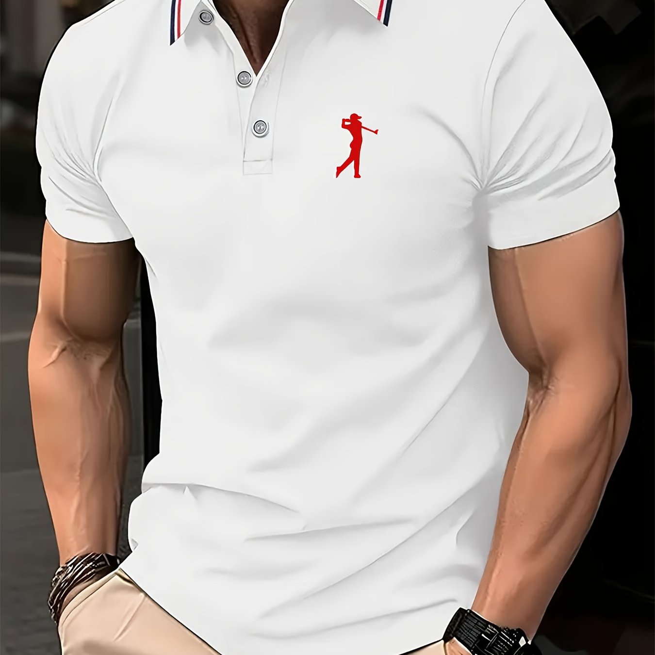 Maglietta da Uomo a Maniche Corte Bianca con Stampa Rosso per Golf, Colletto e Polsini a Righe, Tessuto Traspirante per Estate e Abbigliamento Casual, Lavabile in Lavatrice, Vestibilità Regolare